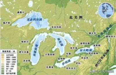 ​北美五大湖：苏必利尔湖、密歇根湖、休伦湖、伊利湖、安大略湖